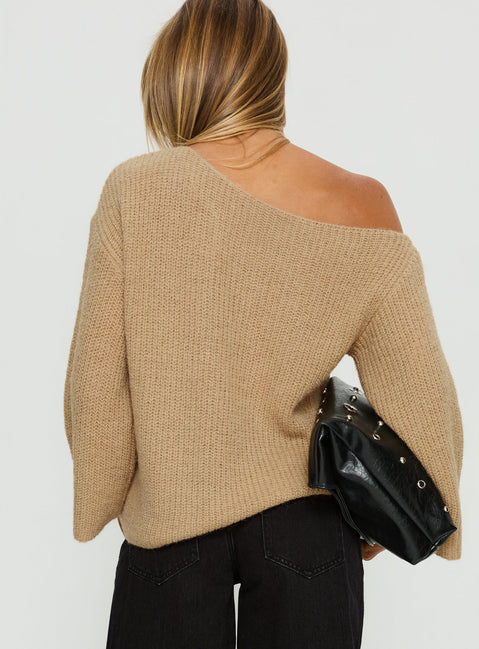 Presenting the Delyn Off Shoulder Slouchy Knit Sweater Camel womens jumper with short length back view of model wearing Princess Polly