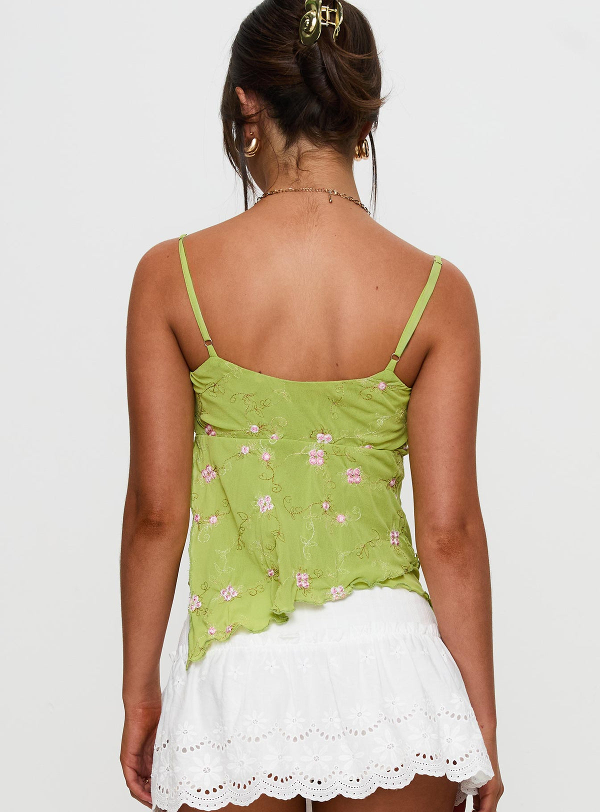 back view of model wearing Princess Polly Paislie Mesh Top Sage Green Sleeveless Sweetheart 