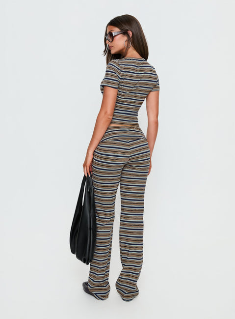 back view of model wearing Princess Polly Manolo Foldover Pants Brown / Grey Stripe Mid Rise Pants Pants 