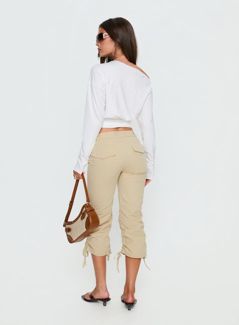back view of model wearing Princess Polly Hot Rod Capri Pant Beige Mid Rise Pants Pants 