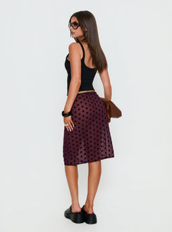 back view of model wearing Princess Polly Evani Sheer Chiffon Midi Skirt Polka Maroon Midi Skirts Skirts 