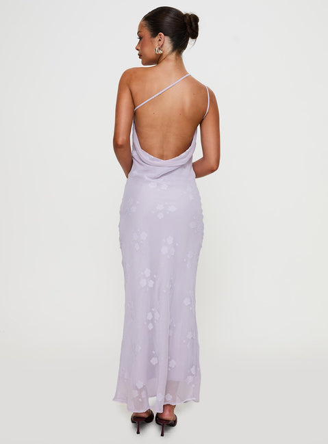 back view of model wearing Princess Polly Jazmira One Shoulder Maxi Dress Lilac Asymmetric Neckline 