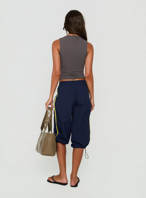 Explore the Riyah 3/4 Low Rise Nylon Pants Navy in womens-regular-pants featuring stripe details back view of model wearing Princess Polly