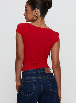 back view of model wearing Princess Polly Daena Tie Detail Top Red Short Sleeves Square Neck 