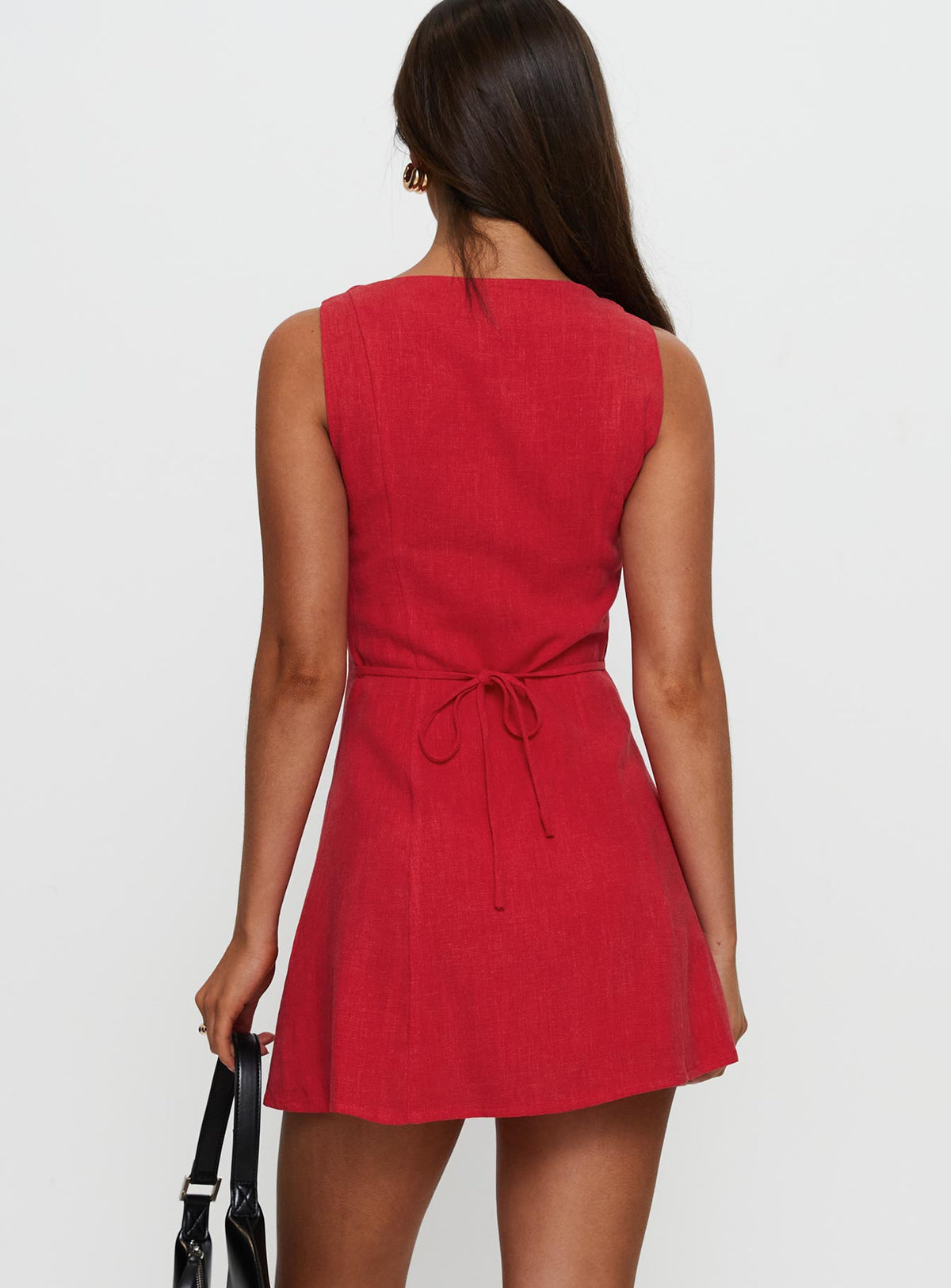 back view of model wearing Princess Polly Dollie Linen Mini Dress Red Crew Neck 