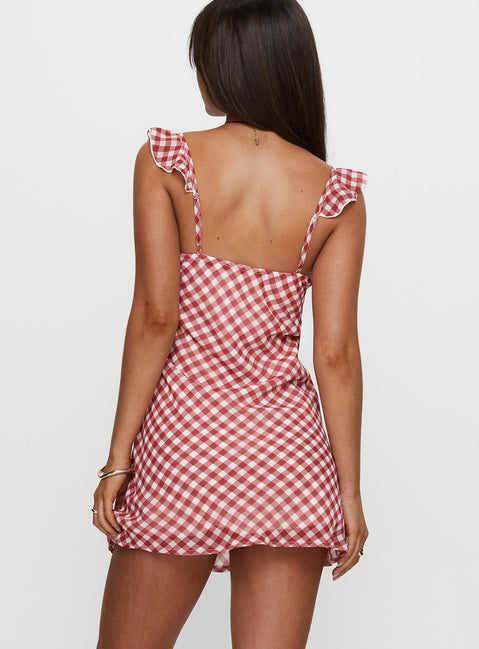 back view of model wearing Princess Polly Marseilla Mini Dress Red Check V-Neck 