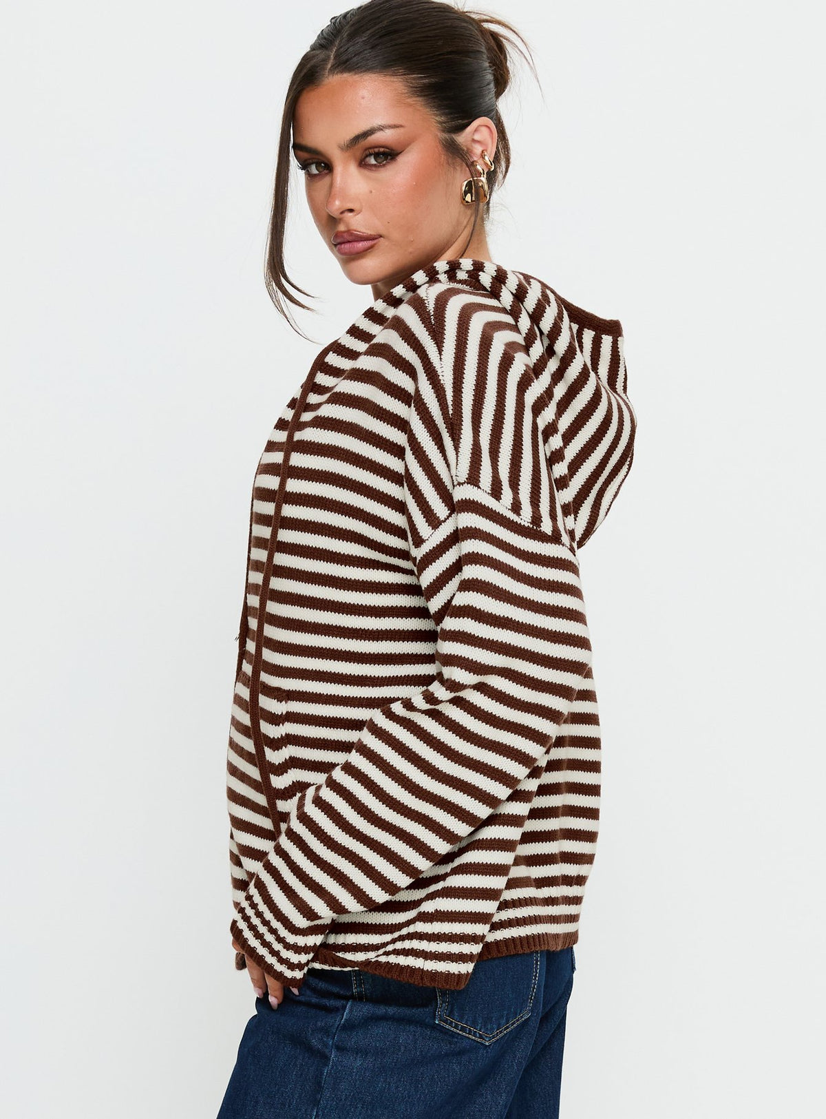 side view of model wearing Princess Polly Brienna Zip Jacket Brown Jumpers 
