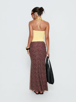 Highlighting the Caviar Tie Maxi Skirt Brown Stripe Tall in womens-skirts with maxi length back view of model wearing Princess Polly