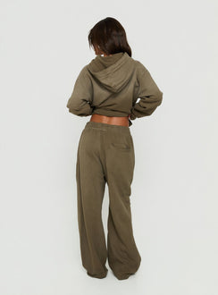 Crafted from fleece AT Baggy Sweatpant Washed Olive in womens-regular-pants with mid-rise wide-leg fit back view of model wearing Princess Polly