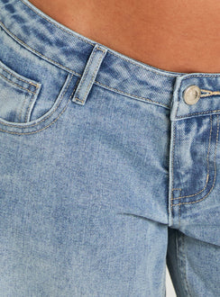 Detailed Picco Ultra Low Rise Wide Leg Jeans Light Blue Wash Petite in womens-jeans highlighting low-rise waistband and belt detail Princess Polly