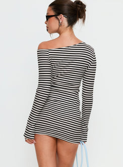 Journi Off Shoulder Long Sleeve Mini Dress Black / White Stripe