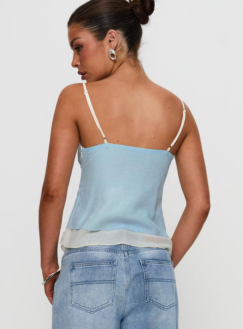 back view of model wearing Princess Polly Majorie Layered Top Blue / Cream Sleeveless V-Neck 