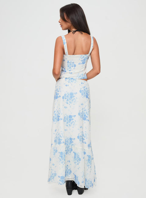 back view of model wearing Princess Polly Modern Girl Maxi Skirt White / Blue Floral Maxi Skirts Skirts 