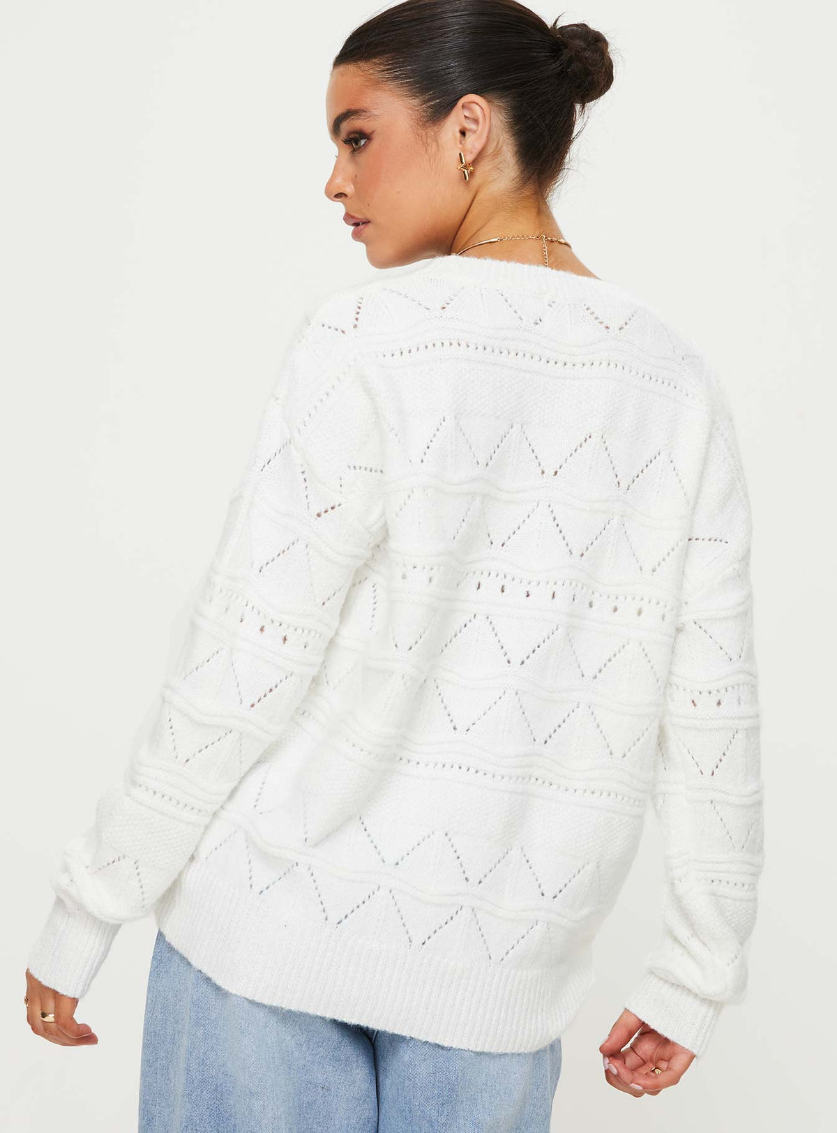 back view of model wearing Princess Polly Pierce Pointelle Sweater Cream Longline Jumpers Jumpers 