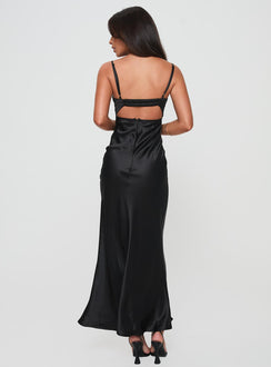 back view of model wearing Princess Polly Fadyen Bias Cut Maxi Dress Black Tall Sweetheart Neckline 