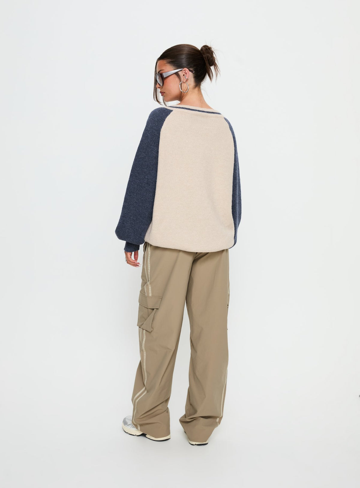 back view of model wearing Princess Polly Ellyn Baggy Cargo Pants Khaki Mid Rise Pants Pants 