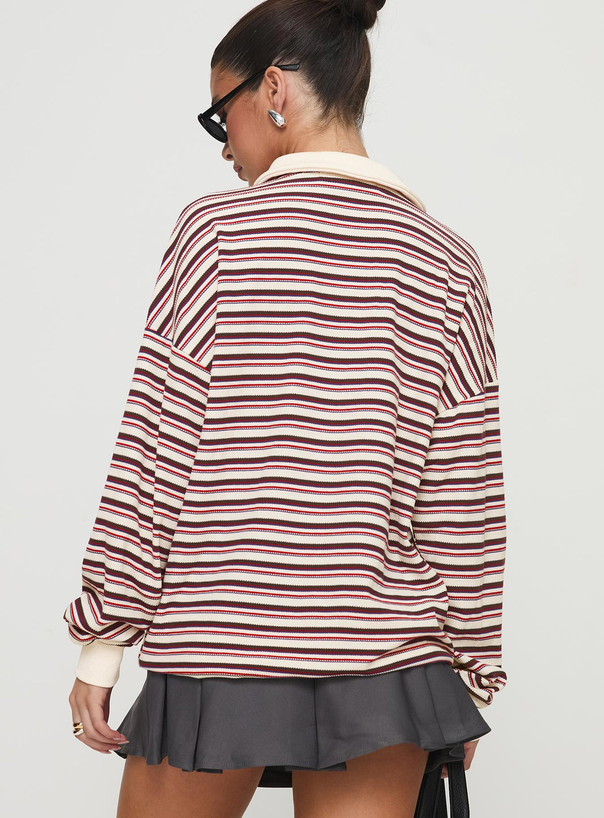 back view of model wearing Princess Polly Rierie Rugby Jersey Porcelain Multi Longline Jumpers Jumpers 