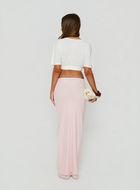 Presenting the Isador Ruched Maxi Skirt Pink in womens-skirts with fitted a-line cut and solid light pink finish back view of model wearing Princess Polly