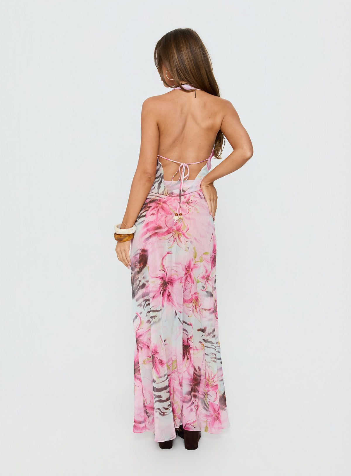 back view of model wearing Princess Polly Karzi Chiffon Maxi Skirt Pink Floral Maxi Skirts Skirts 