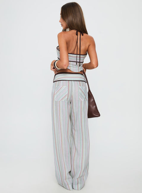 back view of model wearing Princess Polly Taylar Thick Waistband Tie Pants Green Stripe High Rise Pants Pants 