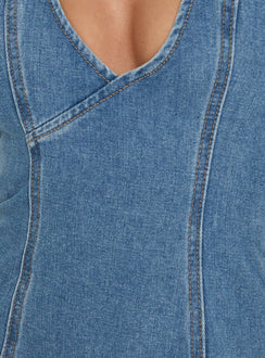 Say Goodnight Denim Halter Mini Dress Bright Blue Wash