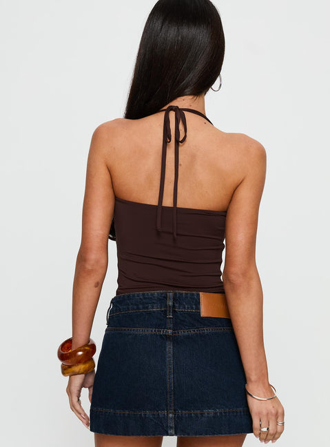 back view of model wearing Princess Polly Someone You Need Bead Detail Bodysuit Chocolate Sleeveless Bodysuit 