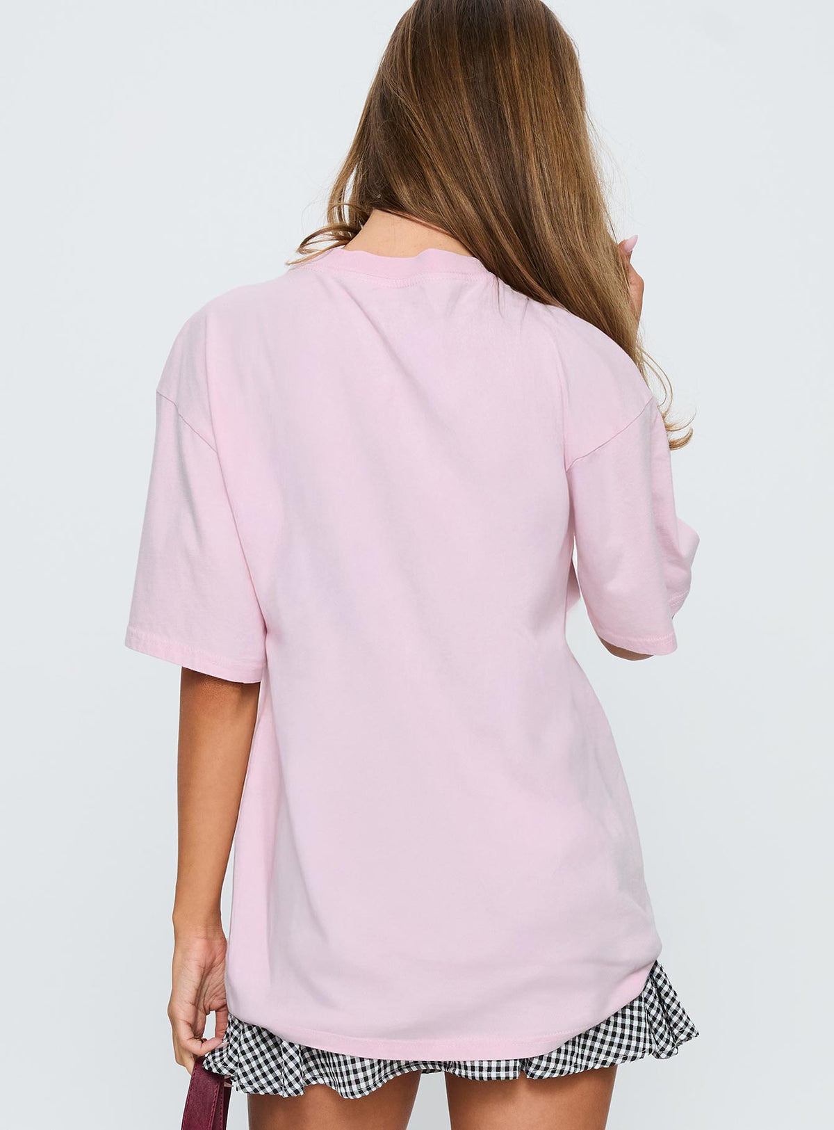 back view of model wearing Princess Polly Led Zeppelin Oversized Vintage Graphic Top Pink Half Sleeves Crew Neck 