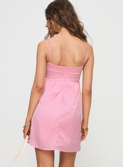 back view of model wearing Princess Polly Ortega Mini Dress Pink Square Neck 