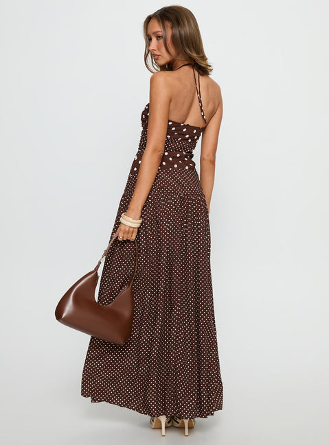Marguerite Halter Maxi Dress Brown Polka Dot