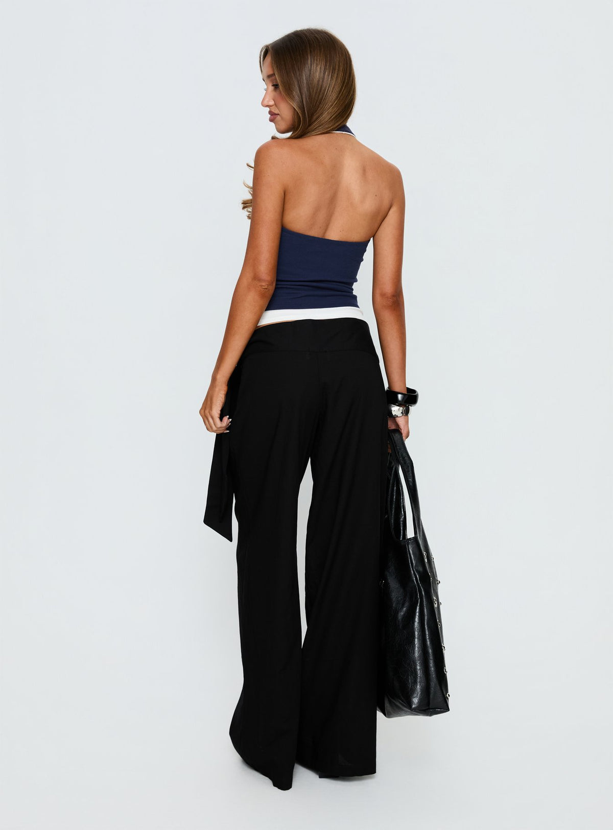 back view of model wearing Princess Polly Wave Dancer Tie Pant Black Mid Rise Pants Pants 