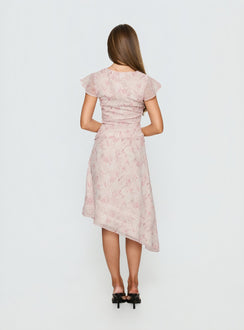 back view of model wearing Princess Polly Avaline Asymmetrical Midi Skirt Pink Skirts 
