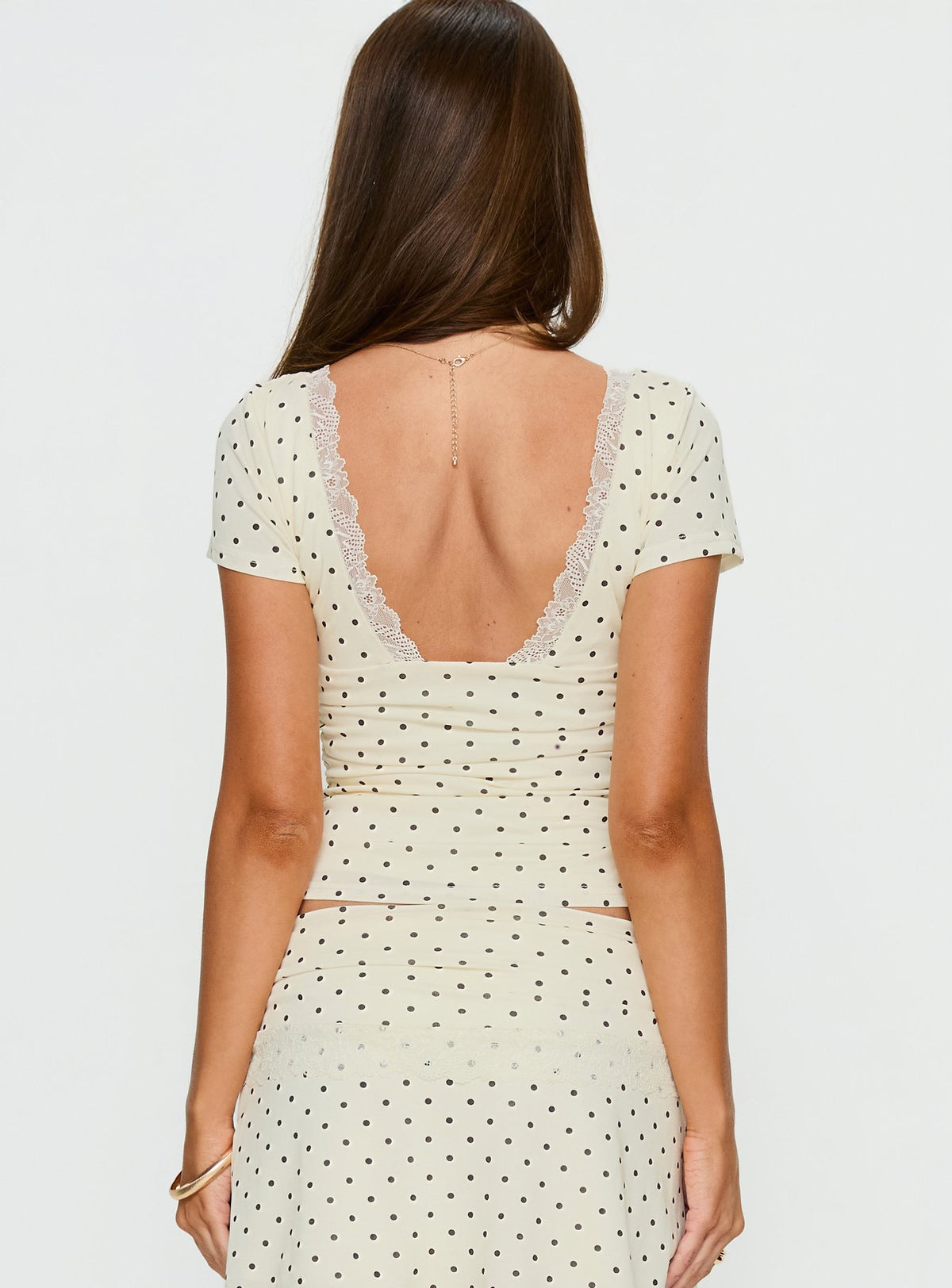 Amia Lace V Neck Top Cream Polka Dot