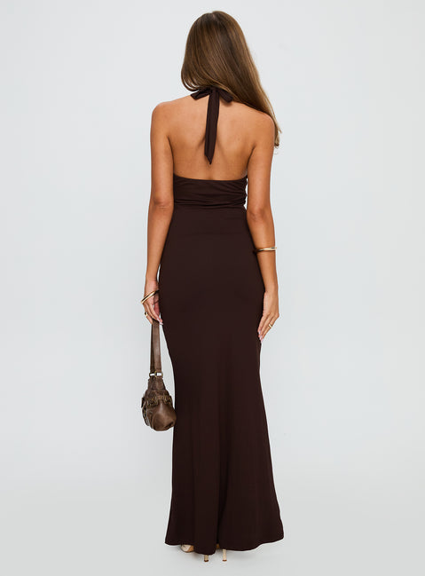 back view of model wearing Princess Polly No Hard Feelings Twist Maxi Dress Brown Plunger 