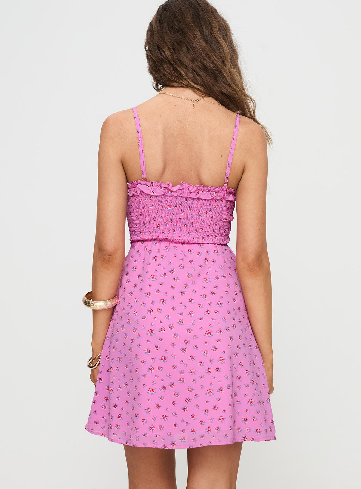back view of model wearing Princess Polly Love Birds Mini Dress Pink Floral Sweetheart Neckline 