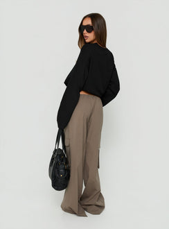 Displaying the Lunea Concealed Waistband Cargo Pants Charcoal Petite womens-regular-pants in high-rise back view of model wearing Princess Polly