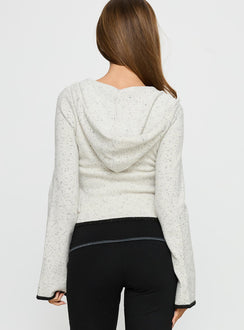 back view of model wearing Princess Polly Brandea Zip Through Knit Hoodie White Marle Cropped Jumpers Jumpers 
