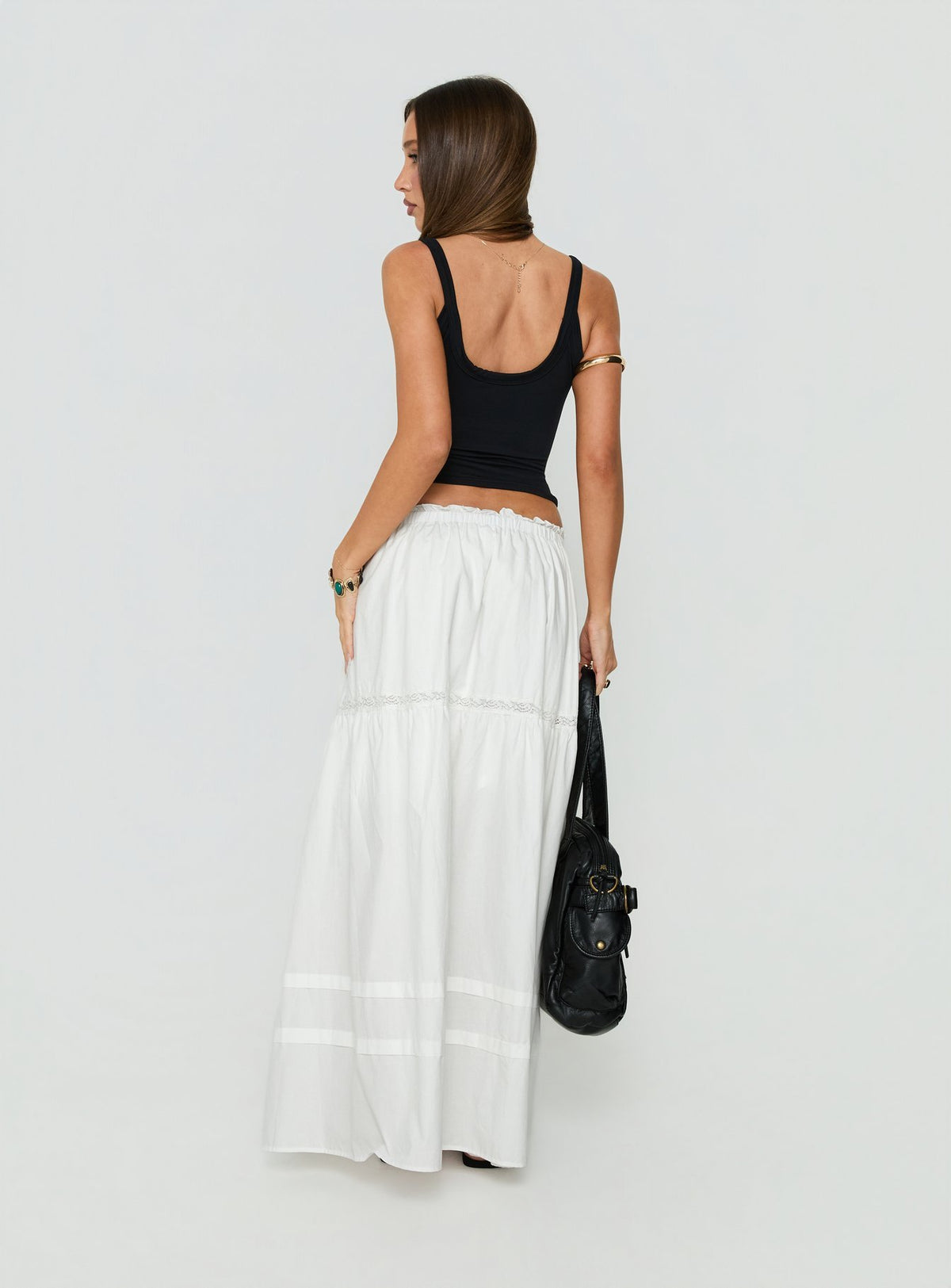 Shop the Meanna Tiered Maxi Skirt White in womens-skirts with maxi length back view of model wearing Princess Polly
