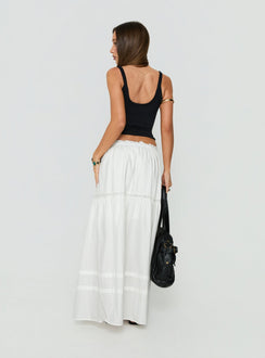 Shop the Meanna Tiered Maxi Skirt White in womens-skirts with maxi length back view of model wearing Princess Polly