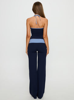 back view of model wearing Princess Polly Kobee Jersey Flare Pants Navy / Light Blue High Rise Pants Pants 