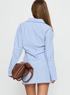 Well Versed Long Sleeve Ruched Shirt Mini Dress Blue