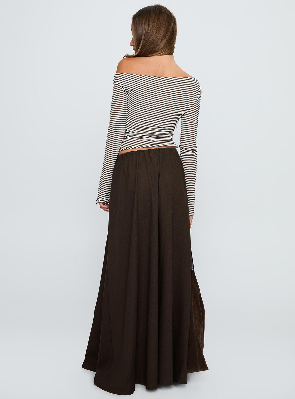 back view of model wearing Princess Polly Hallee Maxi Skirt Brown Maxi Skirts Skirts 