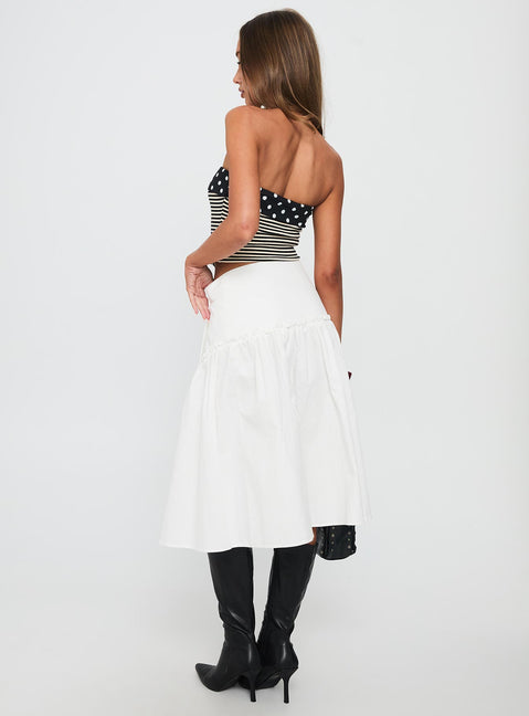 back view of model wearing Princess Polly Jonsie Tiered Frill Midi Skirt White Midi Skirts Skirts 