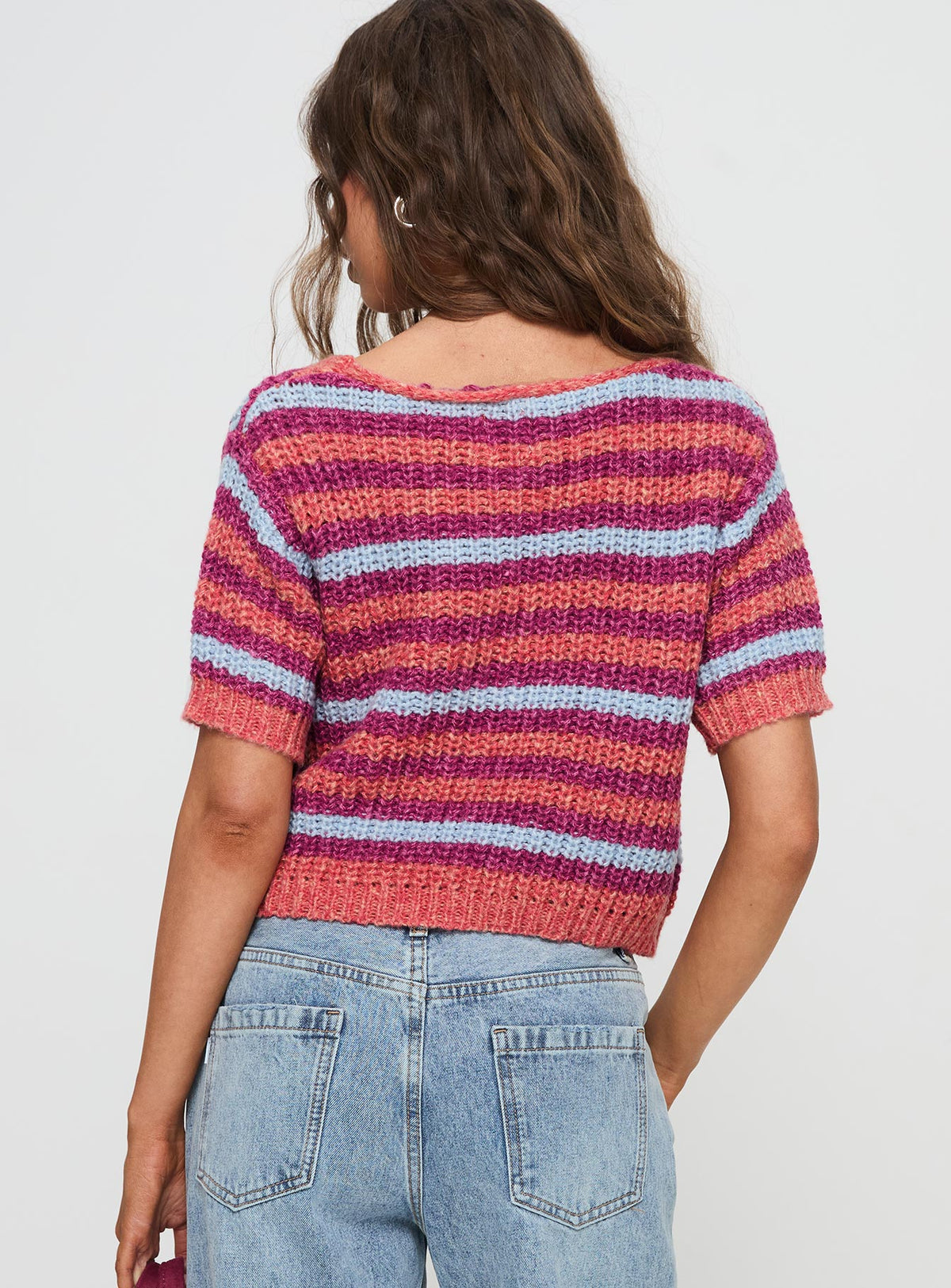 back view of model wearing Princess Polly Compassion Knit Cardigan Multi Cropped Jumpers Jumpers 