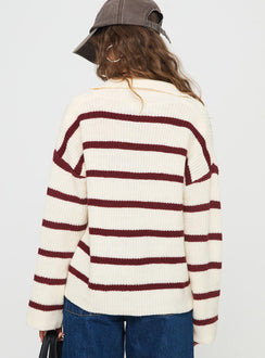 back view of model wearing Princess Polly Forte Knit Sweater Red / Cream Longline Jumpers Jumpers 