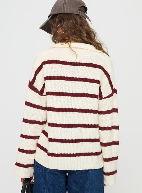 back view of model wearing Princess Polly Forte Knit Sweater Red / Cream Longline Jumpers Jumpers 