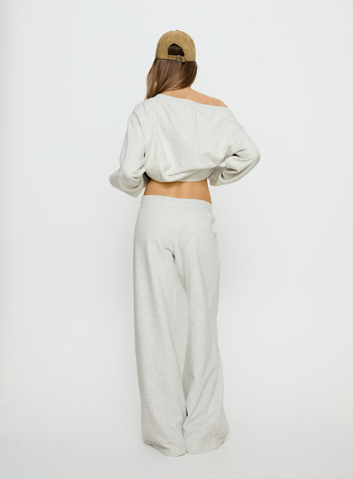 back view of model wearing Princess Polly Dodie Wide Leg Pants Grey Marle Mid Rise Pants Pants 