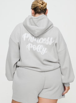 back view of model wearing Princess Polly Princess Polly Hooded Sweatshirt Puff Text Grey Curve Jumpers 
