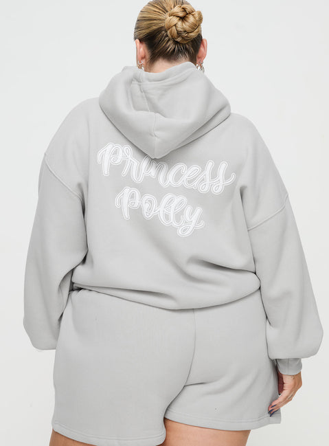 back view of model wearing Princess Polly Princess Polly Hooded Sweatshirt Puff Text Grey Curve Jumpers 