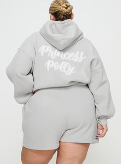 back view of model wearing Princess Polly Princess Polly Track Shorts Puff Text Grey Curve 