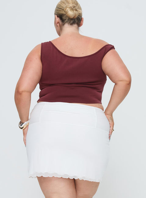 back view of model wearing Princess Polly Meredith Ruched Mini Skirt White Curve Mini Skirts Skirts 